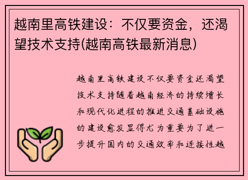 越南里高铁建设：不仅要资金，还渴望技术支持(越南高铁最新消息)